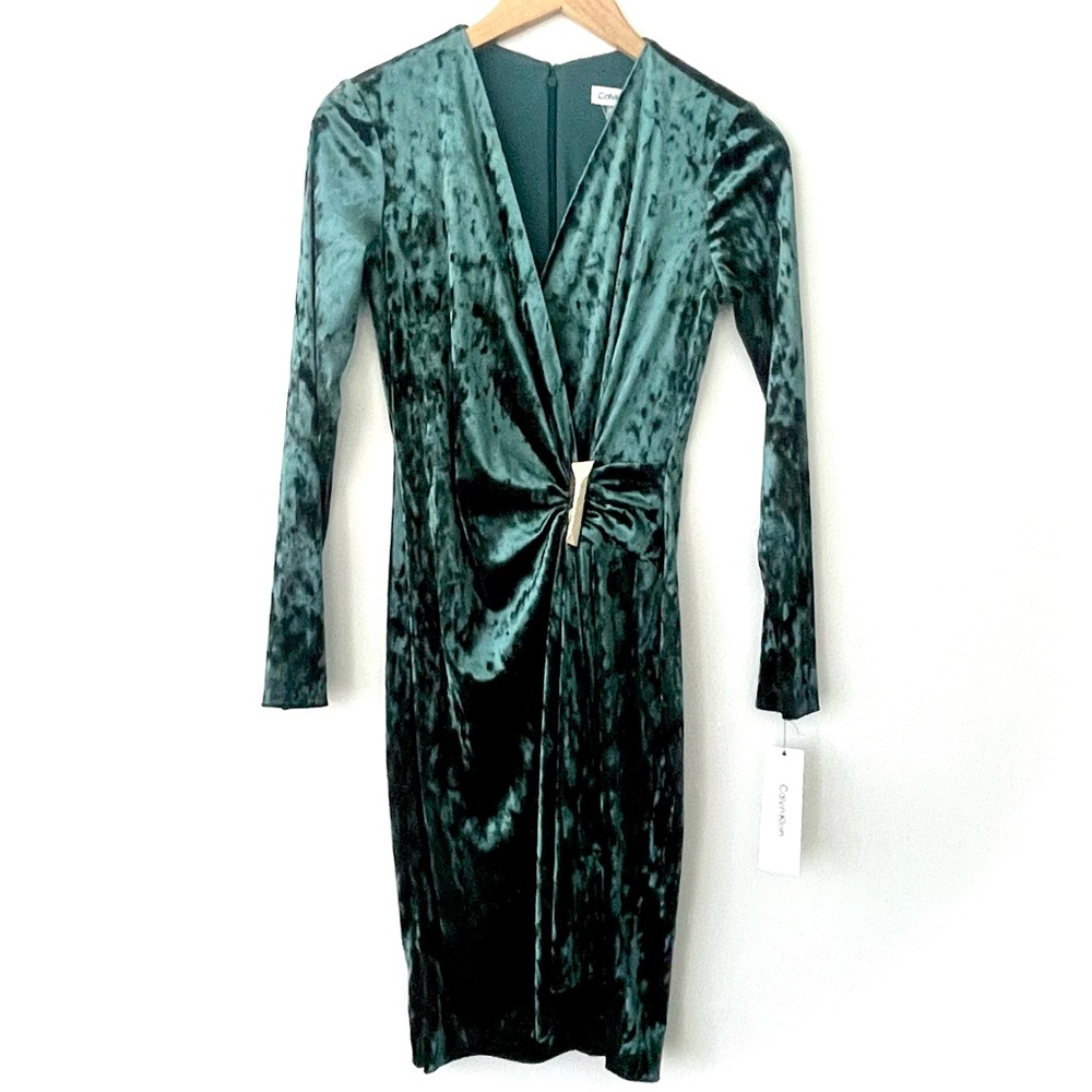 Calvin Klein green crushed velvet long sleeve dress faux wrap
